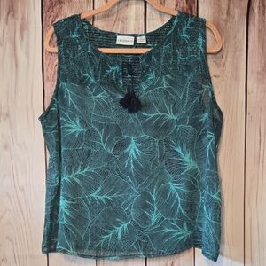 Liz Claiborne Teal And Navy Tropical Leaf Print Sheer Blouse Tank Top Size PXL